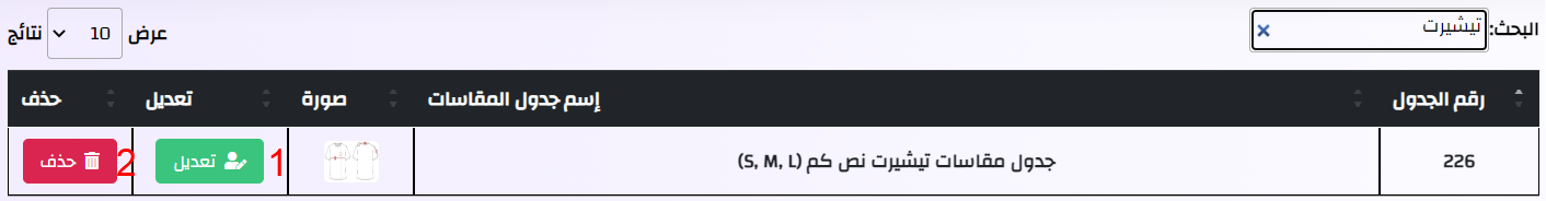 مكتبة جداول المقاسات