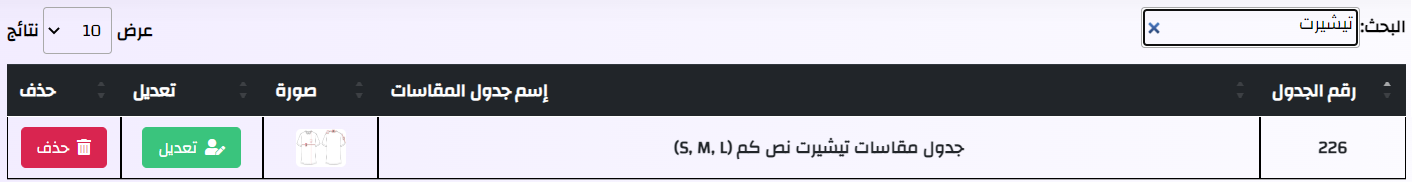 مكتبة جداول المقاسات